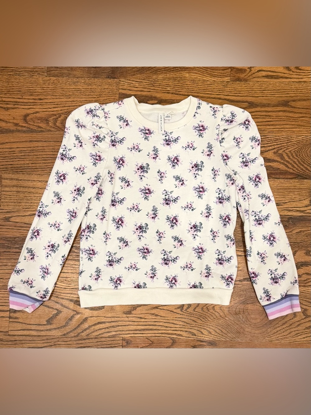 Girls' Cream and Purple Floral Puff-Sleeve Sweater
